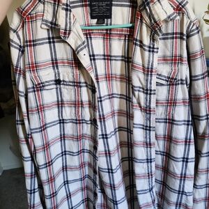 American Eagle Plaid Button-Up Shirt - Cream with Navy & Red